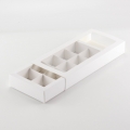 Коробка на 10 конфет с фальшбортом белая/крафт С ОКНОМ (20,4*8,2*3 см)